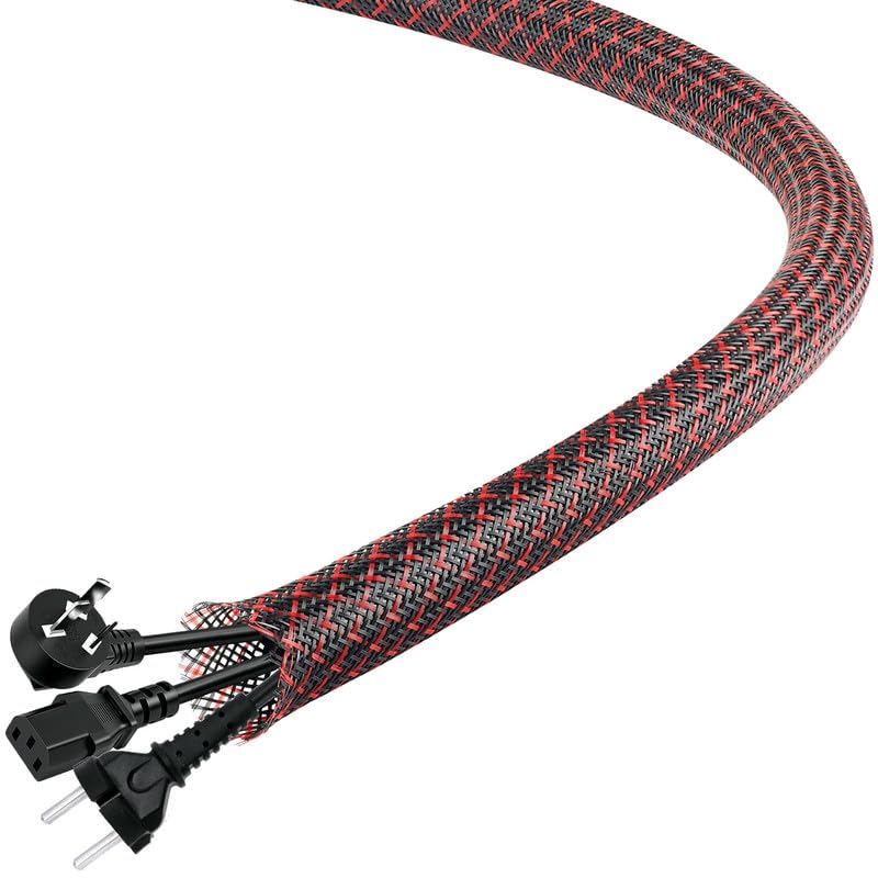 Aibole 25Ft-1/4inch PET Expandable Braided Wire Sleeving,Wire Loom Cable Sleeve for TV,Computer,Home Theater,Automotive,Home Industrial,Electrical Wires,Chemical,Protect Cat from Chewing Cords,BlackRed - Image 1
